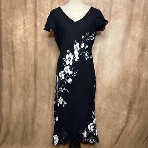 Vintage 90s Black & White Floral Shift Maxi Dress Layered Ruffled Hem Whimsigoth